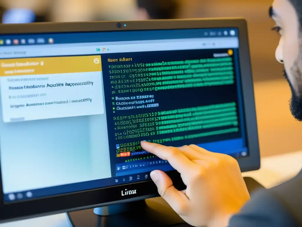 Una persona con discapacidad utilizando un lector de pantalla en un ordenador Linux, destacando la accesibilidad en Linux para discapacitados