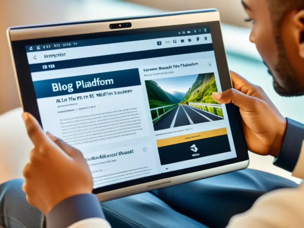 Persona con discapacidad visual usando lector de pantalla en plataforma de blogging con excelente accesibilidad e inclusión digital