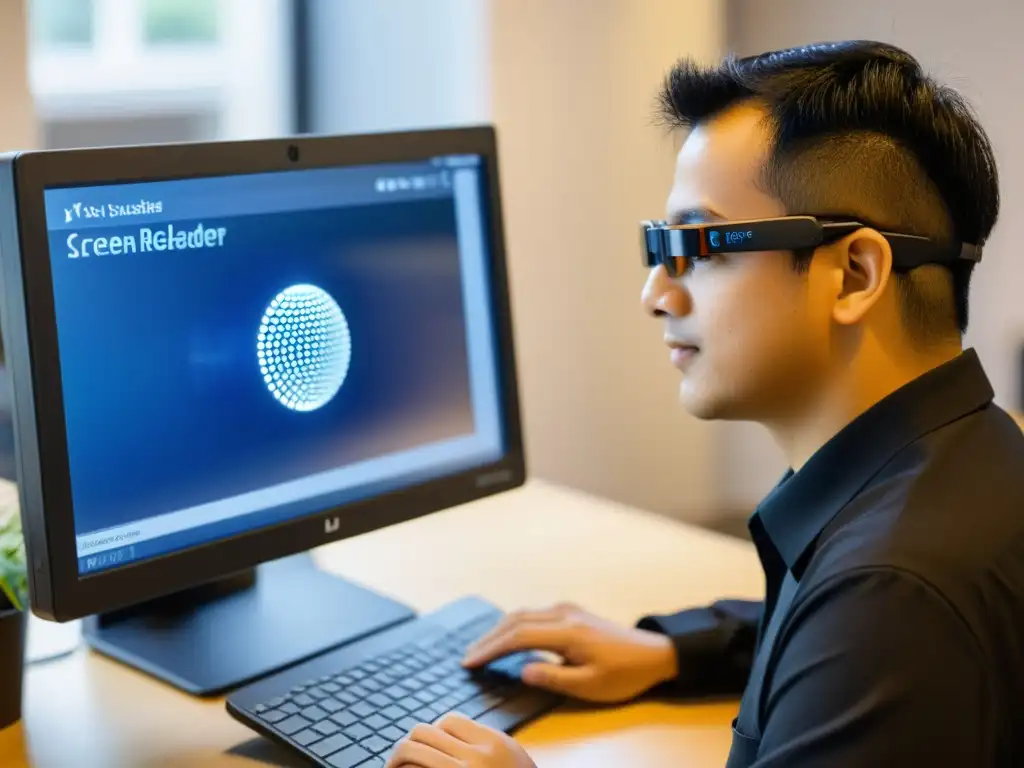Persona con discapacidad visual usando software de lectura de pantalla en una computadora Linux