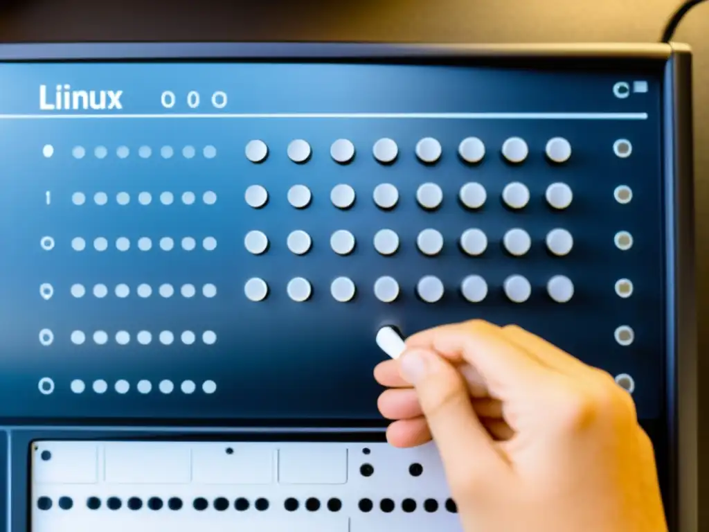 Persona usando un display braille para navegar en la interfaz de Linux, destacando la accesibilidad en Linux para discapacitados visuales