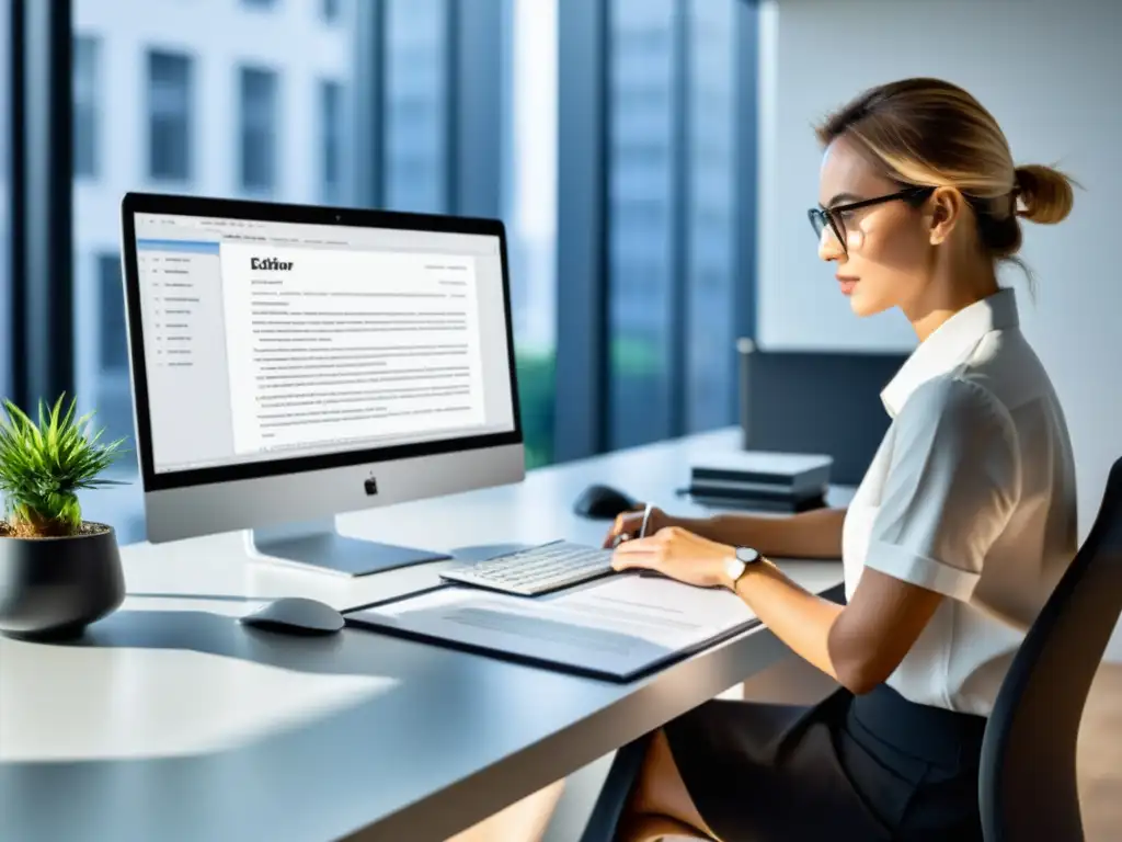 Persona utilizando un editor Open Source para PDF en un entorno profesional, con iluminación natural y ambiente minimalista