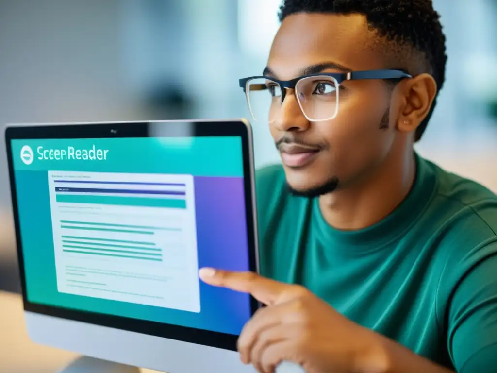 Persona empoderada usando lector de pantalla para mejorar presencia digital con software libre