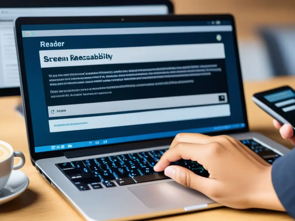 Persona empoderada utilizando un lector de pantalla en una plataforma de blogging inclusiva con diseño moderno y accesibilidad