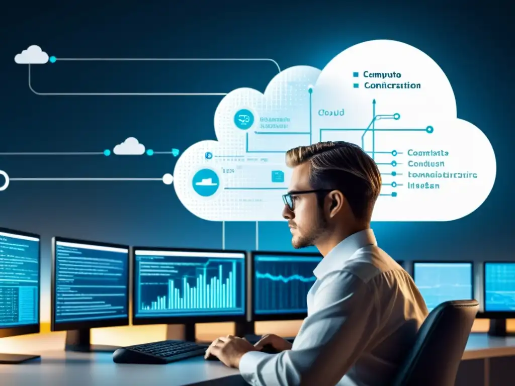 Persona enfocada y determinada trabajando en una computadora, rodeada de diagramas de infraestructura en la nube y líneas de código