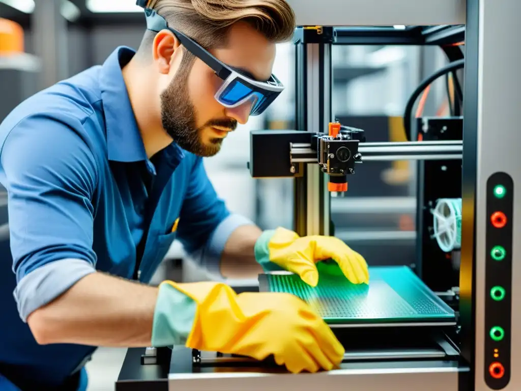 Persona enfocada ajusta 3D printer en entorno seguro, promoviendo la seguridad en impresión 3D código abierto