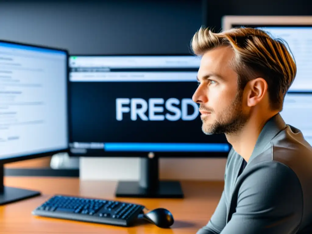 Persona enfocada en la configuración postinstalación de FreeBSD en una computadora, con ambiente profesional y técnico