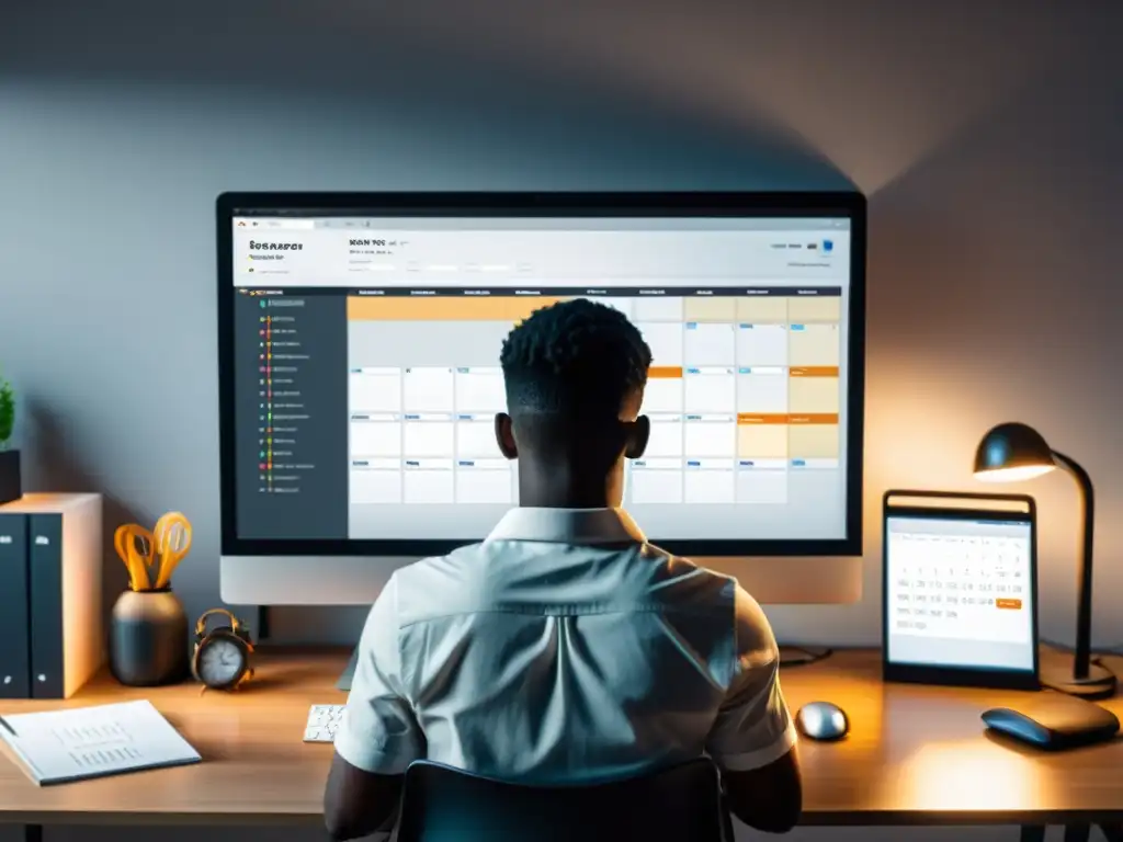 Persona enfocada y organizada en un escritorio ordenado con aplicaciones de código abierto para gestión del tiempo