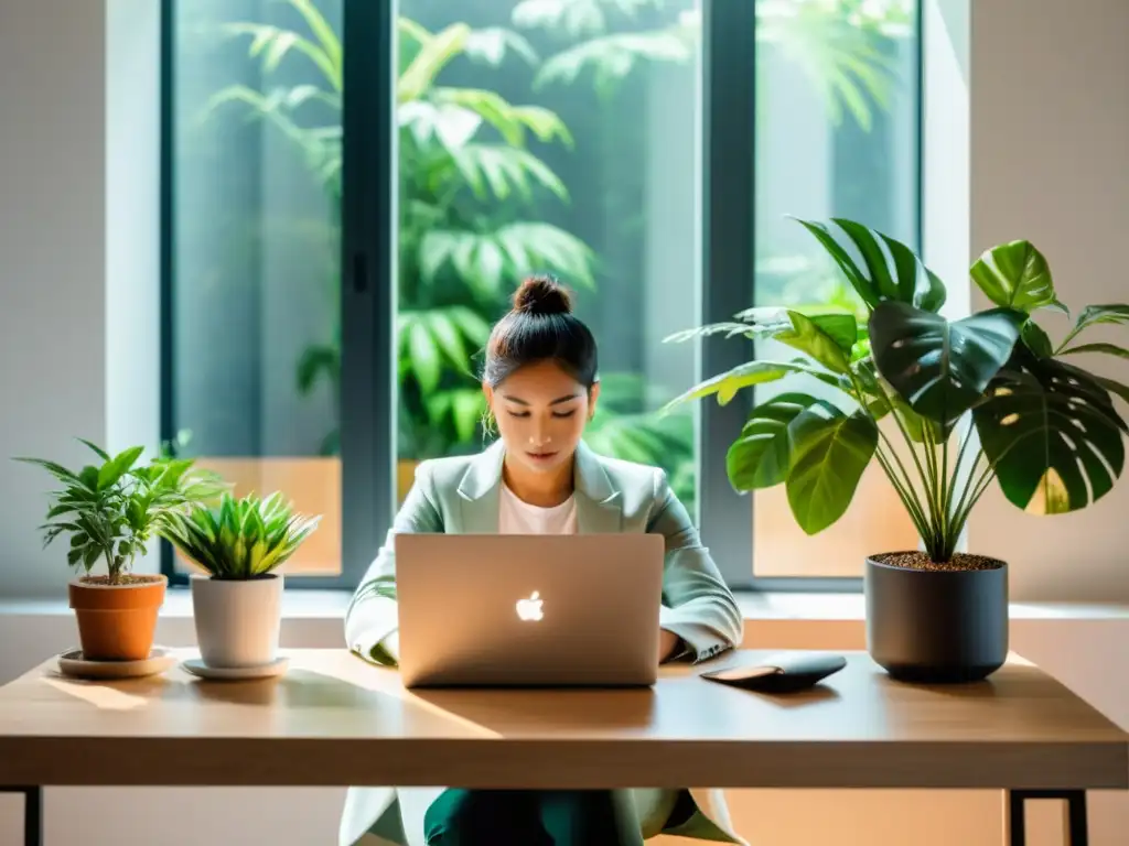 Persona trabajando en un entorno de desarrollo ligero Linux, rodeada de plantas en un espacio minimalista con luz natural y concentración serena