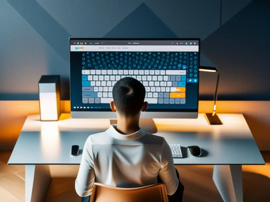Una persona trabaja en un escritorio minimalista con un teclado multilingüe y pantalla de Linux en varios idiomas