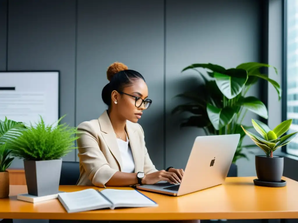 Profesional eficiente trabajando en un moderno escritorio Persona trabajando en un escritorio moderno con laptop abierta a un repositorio Git, rodeada de plantas y decoración de oficina