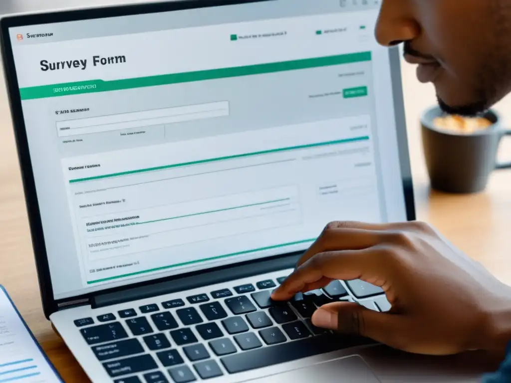 Persona creando formularios y encuestas código abierto en pantalla de computadora moderna, mostrando diseño profesional y amigable