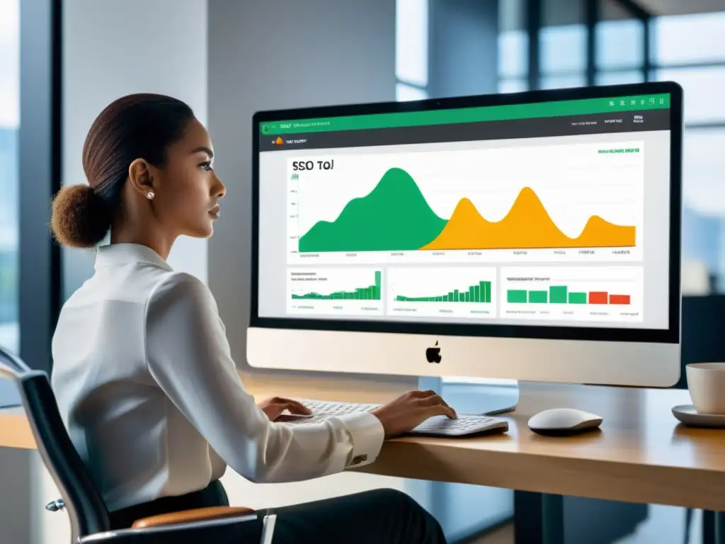Persona usando herramienta de análisis SEO en computadora en oficina contemporánea, con enfoque en métricas de rendimiento SEO local