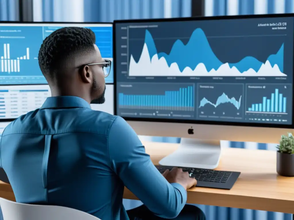 Persona usando herramientas de análisis de datos en un entorno moderno y profesional