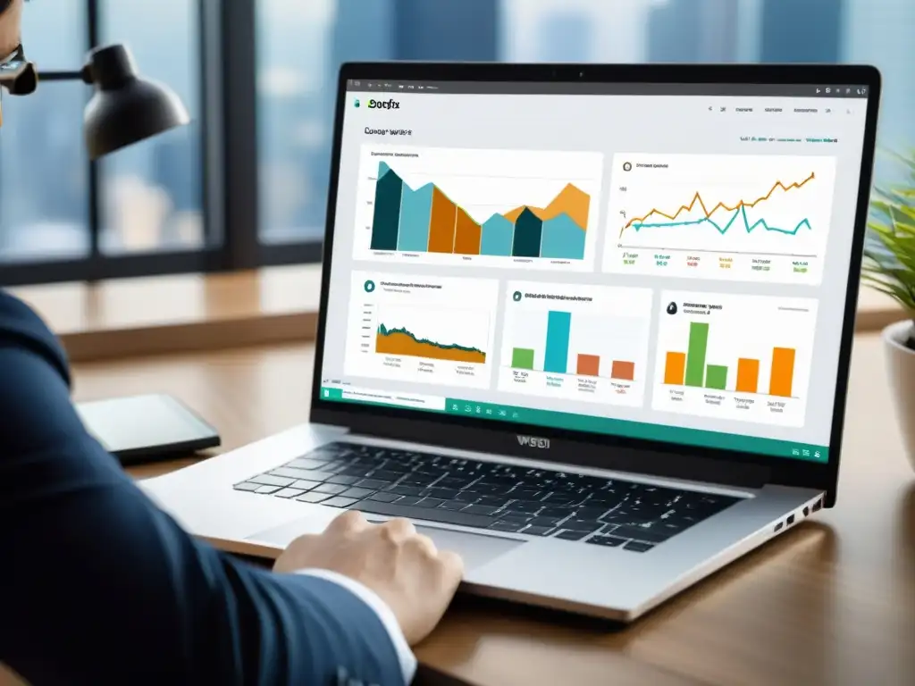 Persona usando herramientas analíticas web en laptop moderno, con gráficos y datos