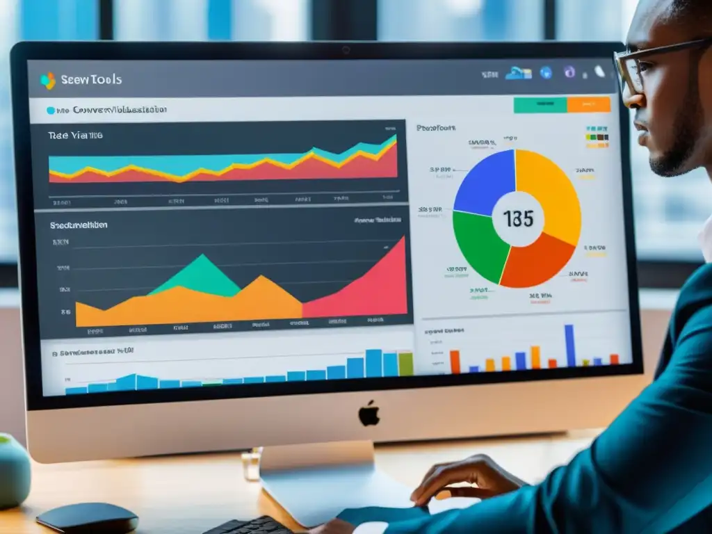 Persona usando herramientas open source para generación de reportes en computadora moderna, con gráficos dinámicos y coloridos