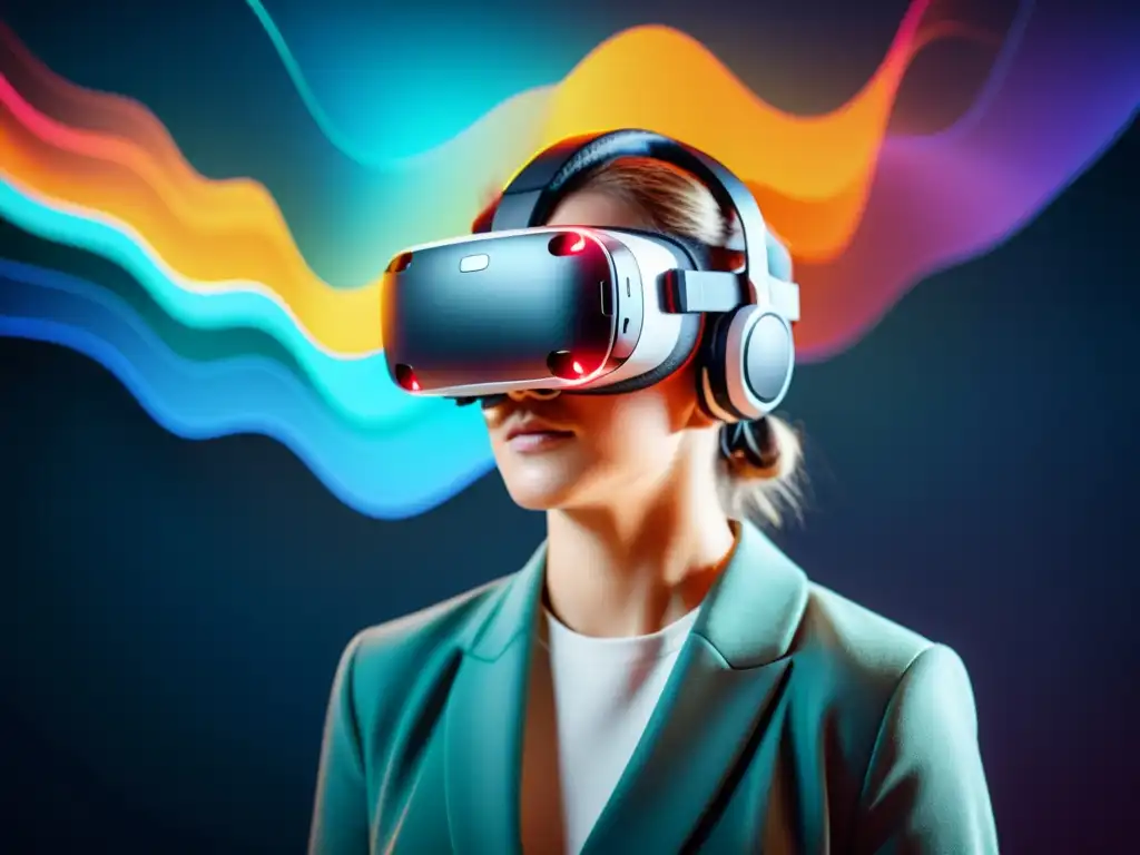 Persona inmersa en visualización de datos con herramientas de código abierto mediante realidad virtual, enfocada en modelo 3D colorido e interactivo