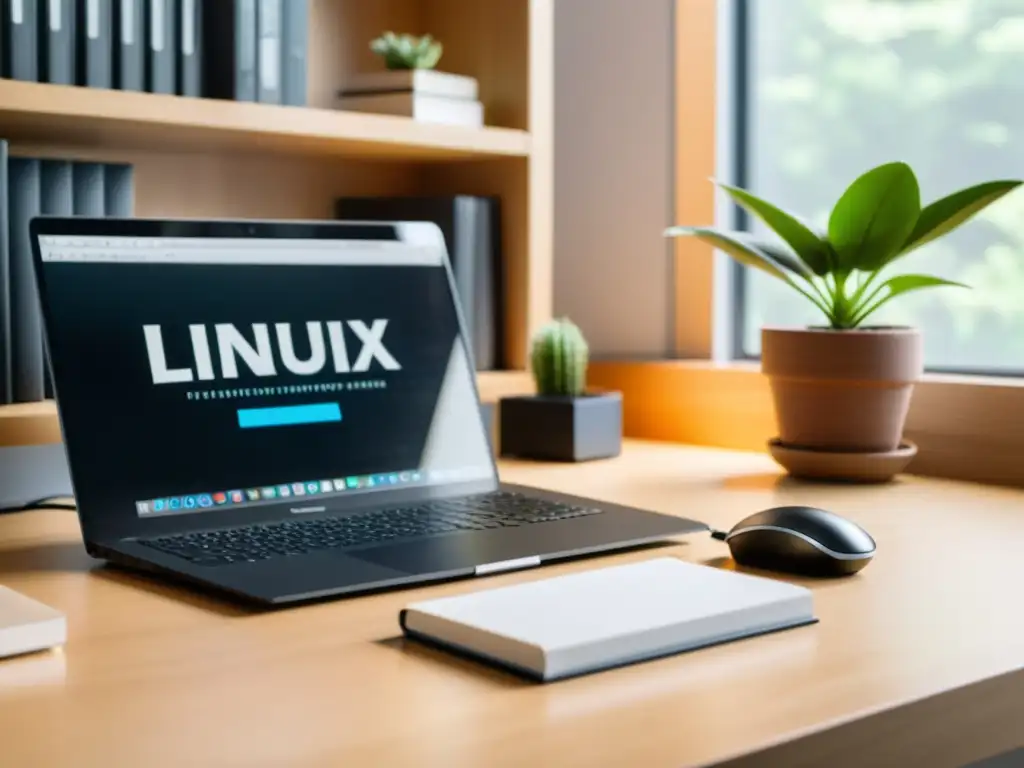 Persona preparando la instalación de Linux desde cero en un escritorio minimalista con luz natural y estantería de libros técnicos