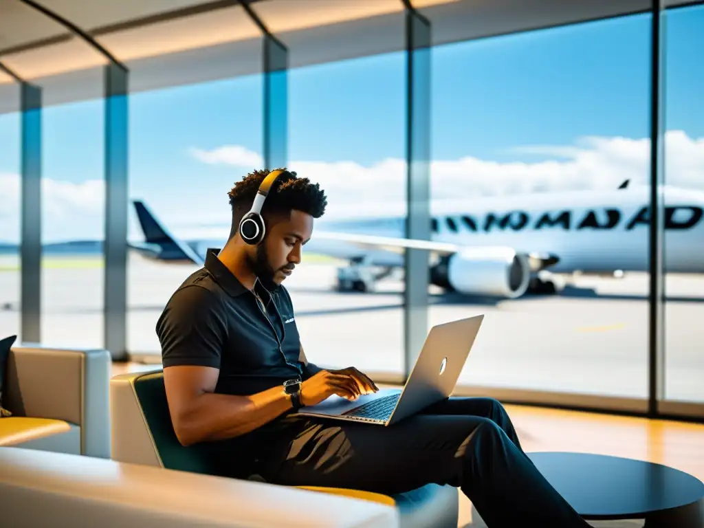 Persona trabajando en un laptop en un aeropuerto moderno, destacando la portabilidad de NomadBSD sistema operativo portátil