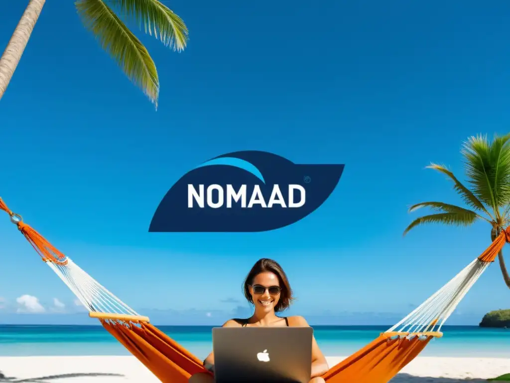 Persona trabajando en laptop en hamaca en la playa, con logo de NomadBSD