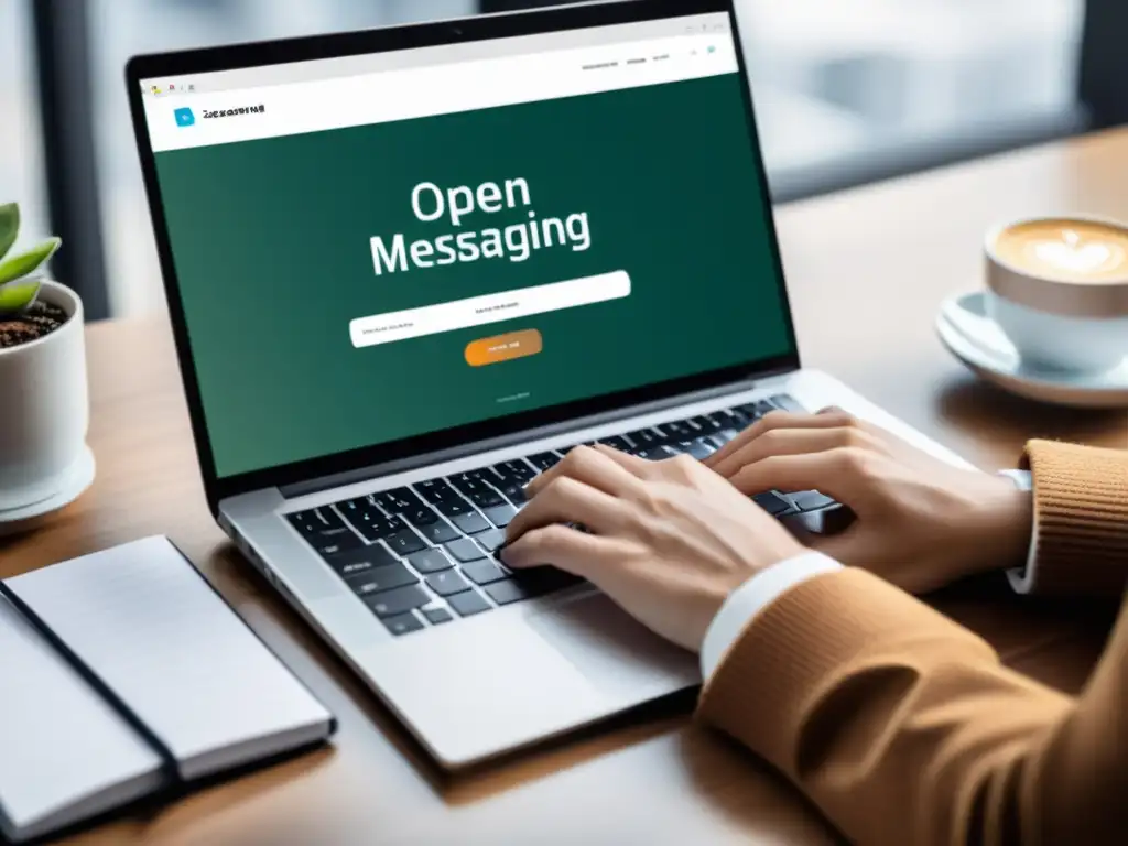 Persona trabajando en laptop moderna con app de mensajería segura, en un entorno profesional y enfocado