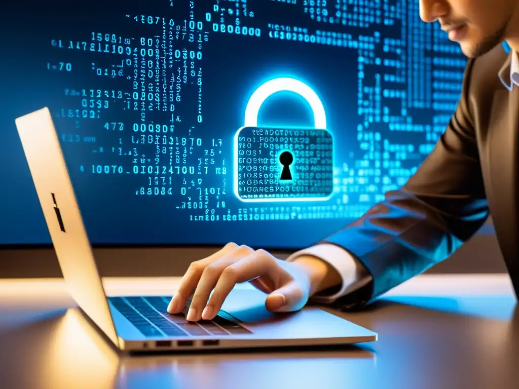 Persona escribiendo en laptop moderna con cerradura de cifrado, protección de datos en Linux, fondo digital futurista