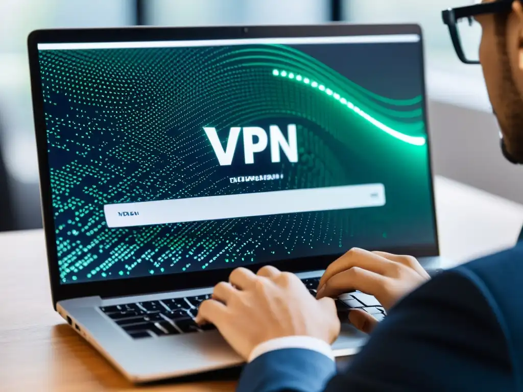 Persona tecleando en laptop moderna con logo VPN y código visible, en un espacio contemporáneo