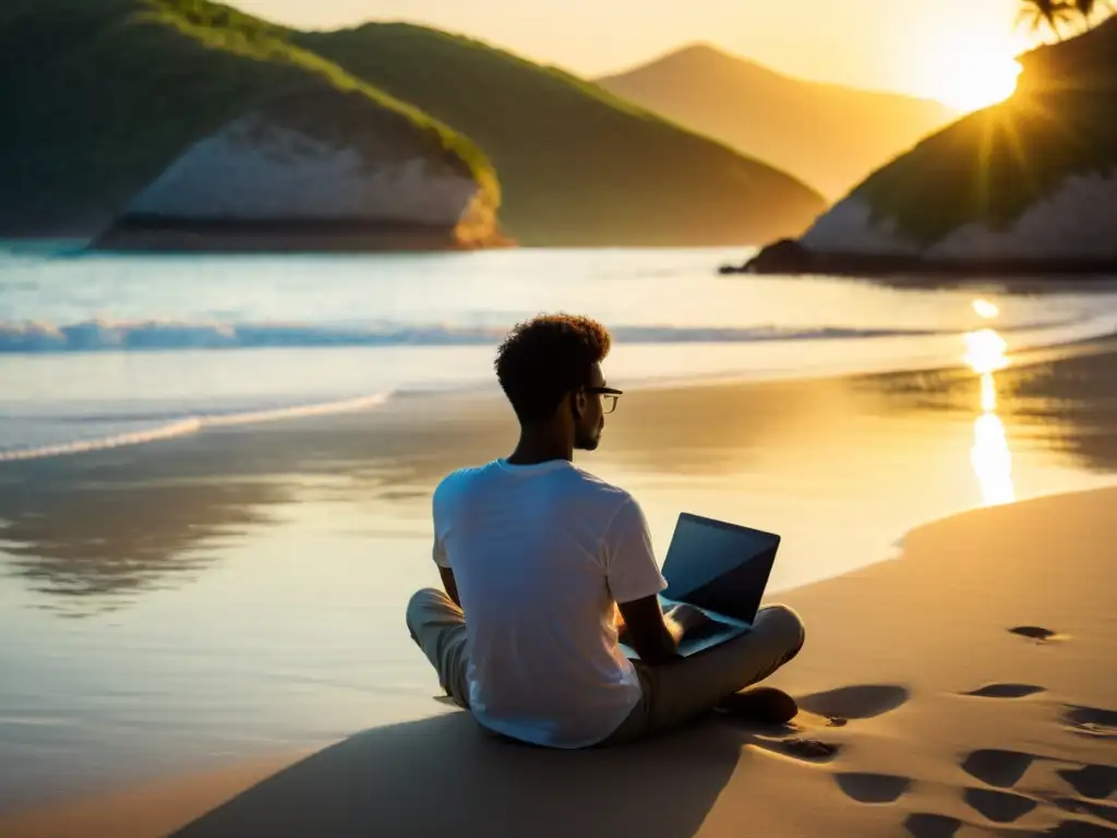 Persona trabajando en laptop en la playa, con pantalla de NomadBSD