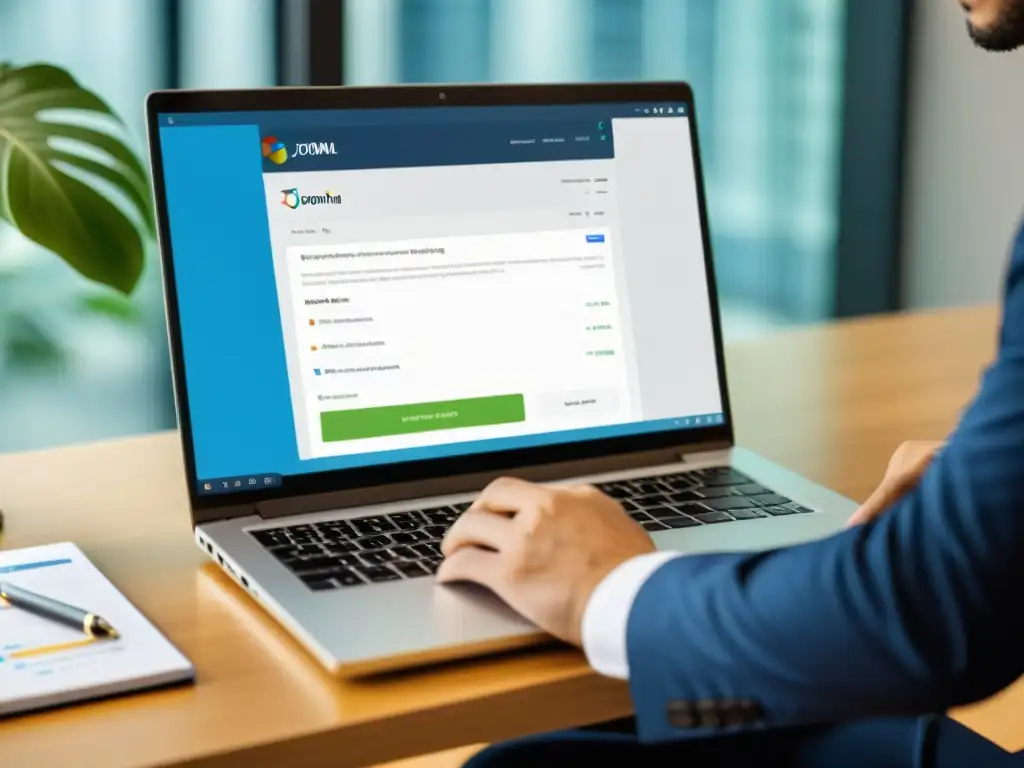 Persona usando laptop para optimizar SEO en Joomla, con dashboard visible y ambiente profesional y educativo