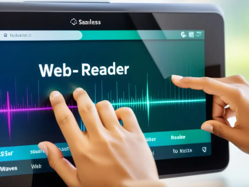 Una persona utiliza un lector de pantalla en una interfaz web accesible y atractiva, con ondas sonoras visuales