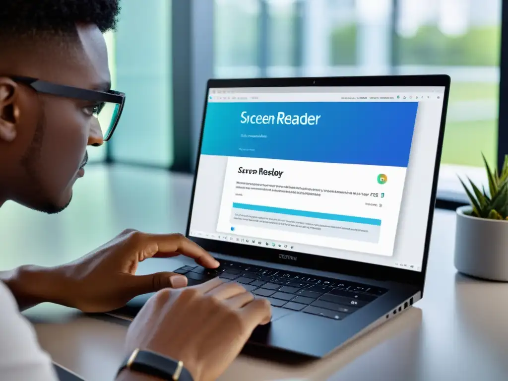 Persona usando un lector de pantalla en laptop moderna, reflejo en gafas
