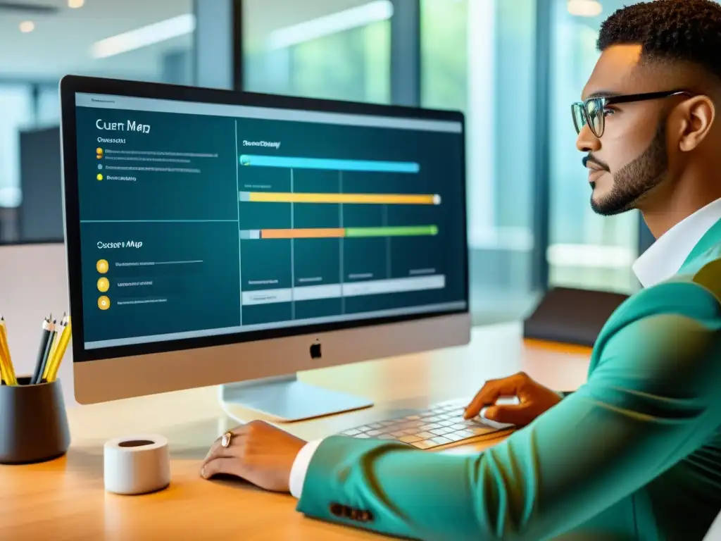 'Persona creando un mapa visual de Journey Mapping con Pencil Project en una interfaz moderna y ordenada