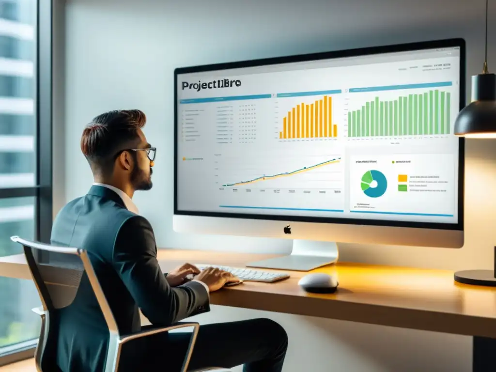 Persona trabajando en un moderno escritorio con un ordenador y un Gantt chart en ProjectLibre