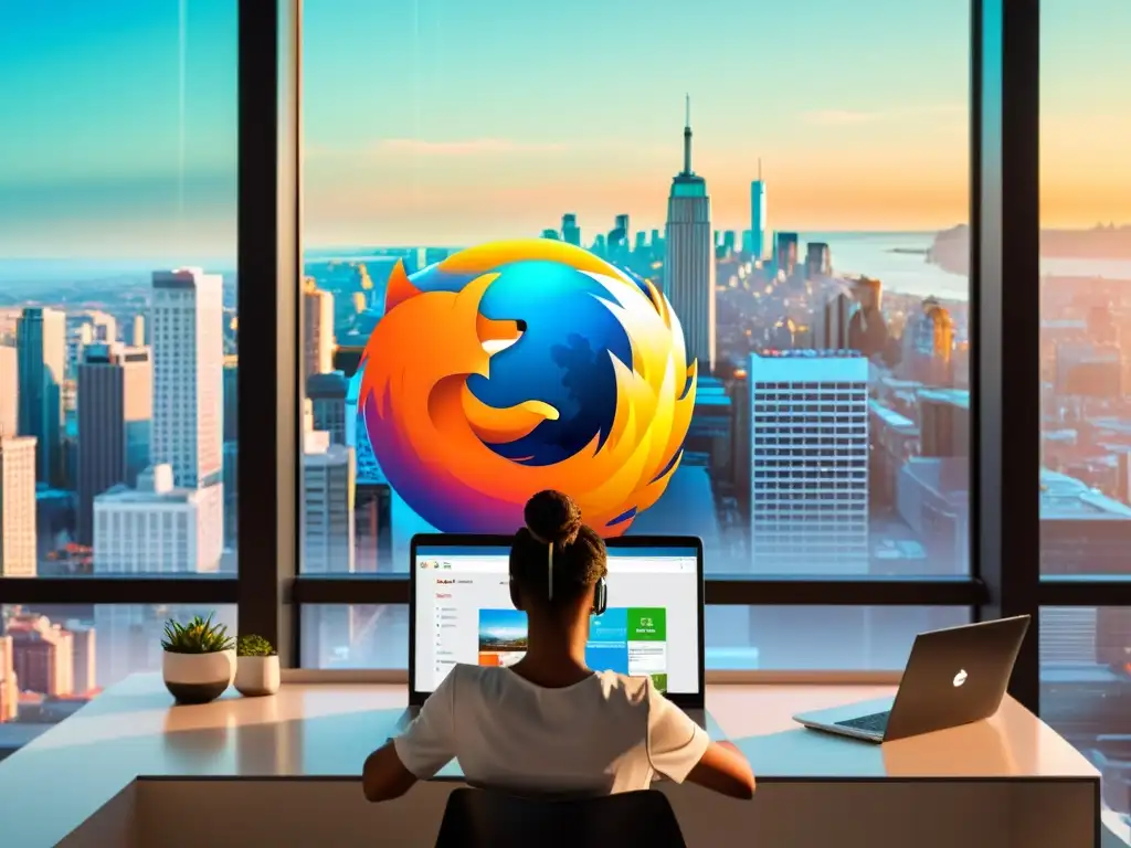 Persona usando Mozilla Firefox en laptop futurista con ciudad de fondo, reflejando su versatilidad y modernidad