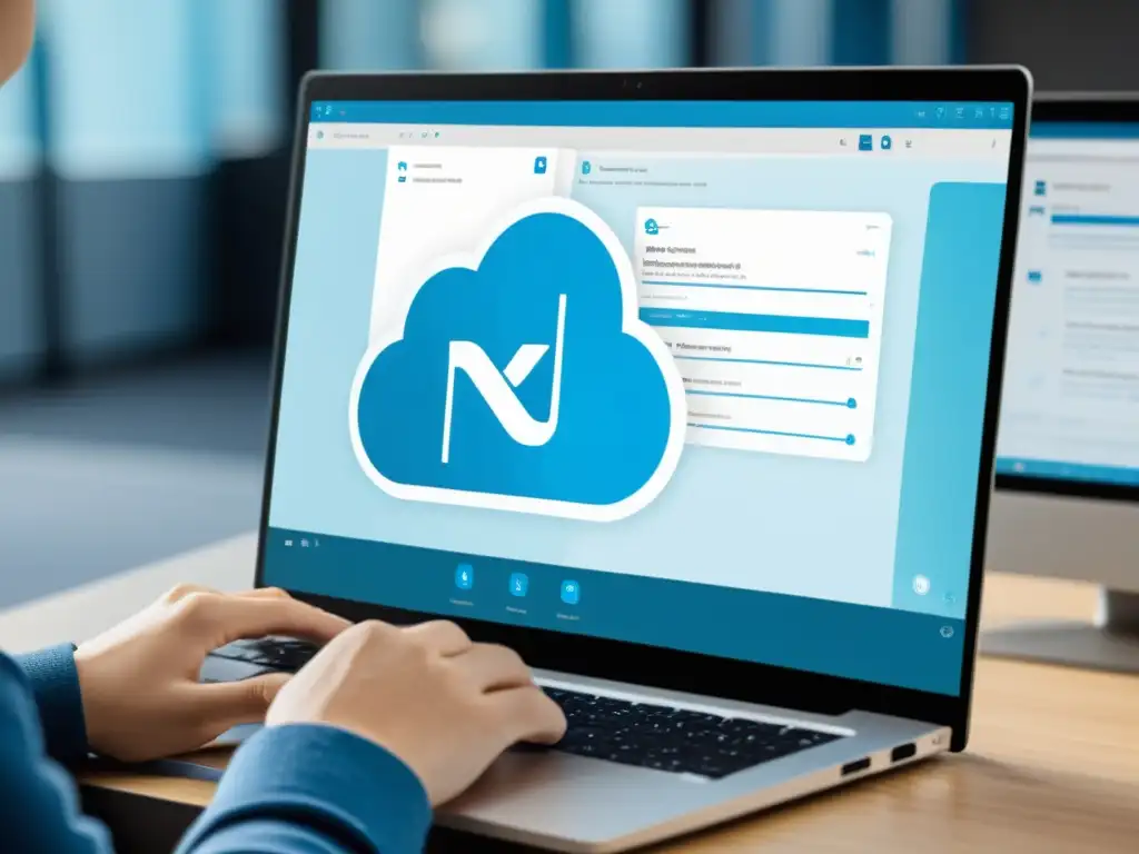 Persona utilizando Nextcloud para privacidad en la nube, accediendo a archivos y colaborando en un entorno profesional