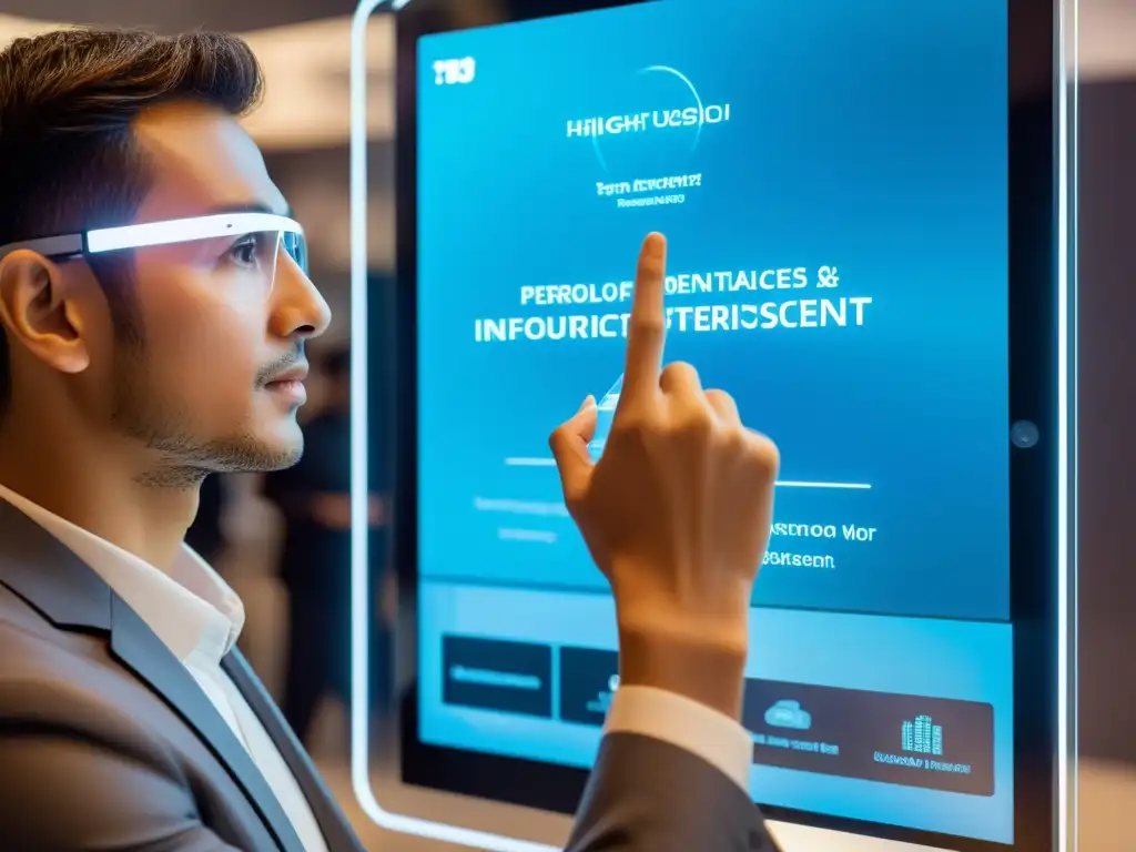 Persona interactuando con pantalla táctil futurista, reflejando curiosidad y compromiso