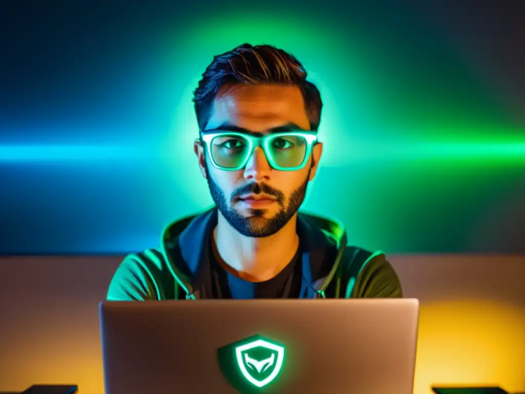 Figura en la sombra: Tails en el mundo de la seguridad cibernética Persona en la penumbra frente a la computadora con el logo de Tails reflejado en sus lentes, rodeada de seguridad informática
