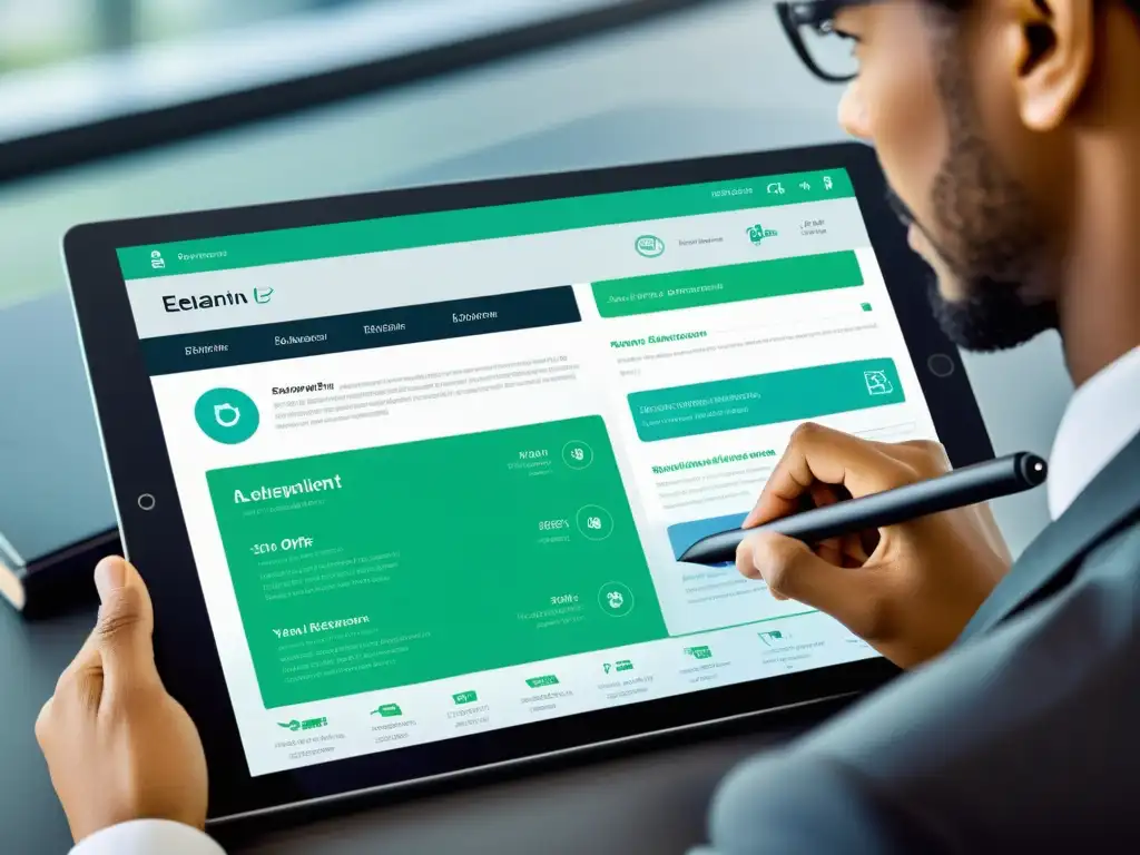 Persona usando plataforma eLearning en tablet en entorno profesional y tecnológico