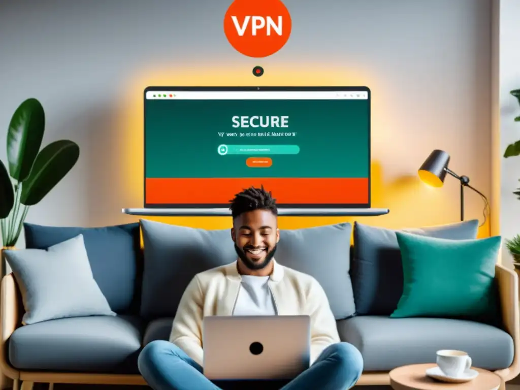 Persona usando un portátil en una acogedora sala bien iluminada, con una conexión VPN segura en la pantalla