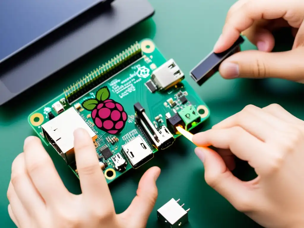 Persona ensamblando con precisión un Raspberry Pi en un espacio moderno y ordenado