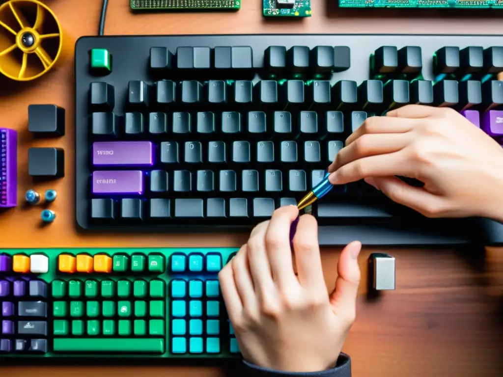 Arte en Acción: Ensamblaje Detallado de Teclado Mecánico Persona construyendo con precisión un teclado mecánico de hardware libre, soldando componentes con herramientas organizadas