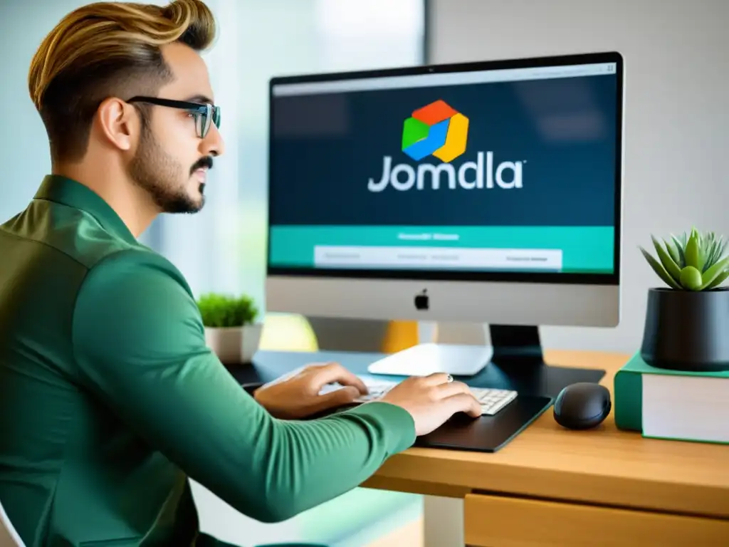 Persona profesional trabajando en Joomla, configurando SEO