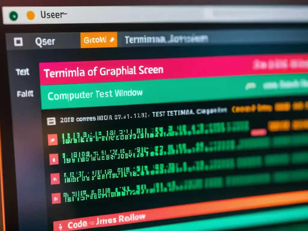 Persona realizando pruebas E2E con Cypress, escribiendo código de REST y GraphQL en un terminal, con colores vibrantes reflejándose en sus lentes