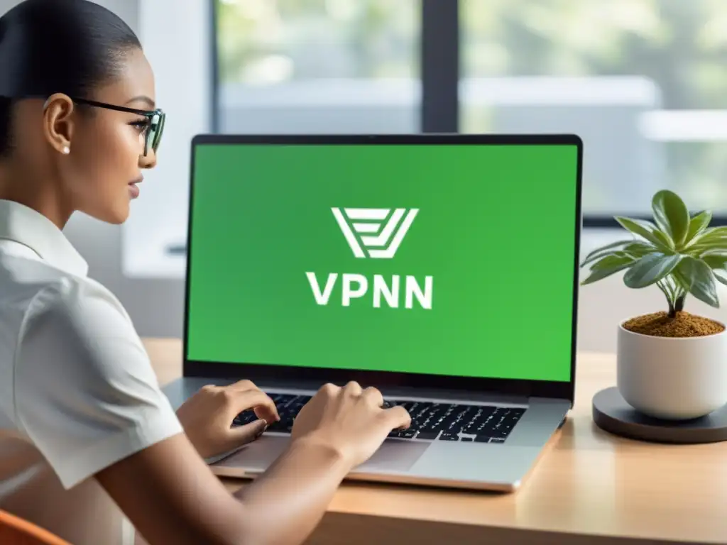 Persona segura usando VPN de código abierto para principiantes en un espacio contemporáneo minimalista con toques de naturaleza