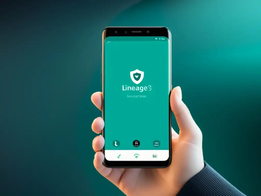 Persona segura usando LineageOS para máxima seguridad y privacidad en un entorno futurista y tecnológico