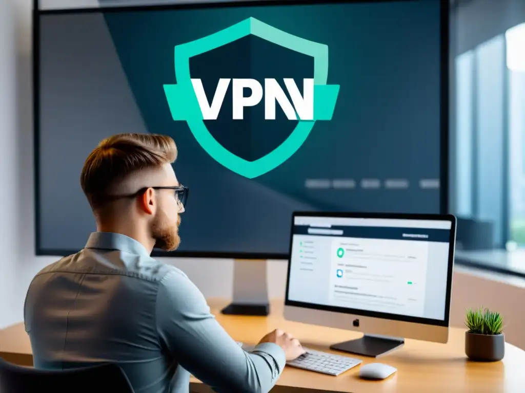 Persona creando un servidor VPN con software de código abierto en una oficina moderna