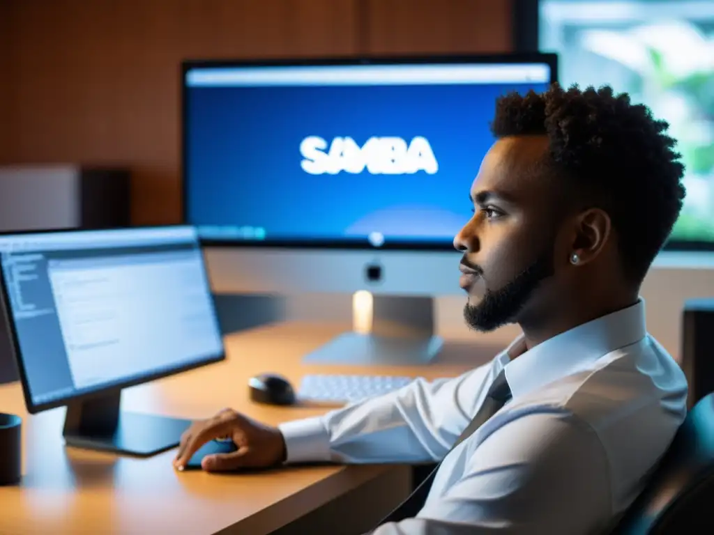 Configuración de Samba en FreeBSD: Profesional trabajando en la oficina 'Persona configurando sistemas de archivos en red con BSD en una oficina moderna y profesional, con taza de café