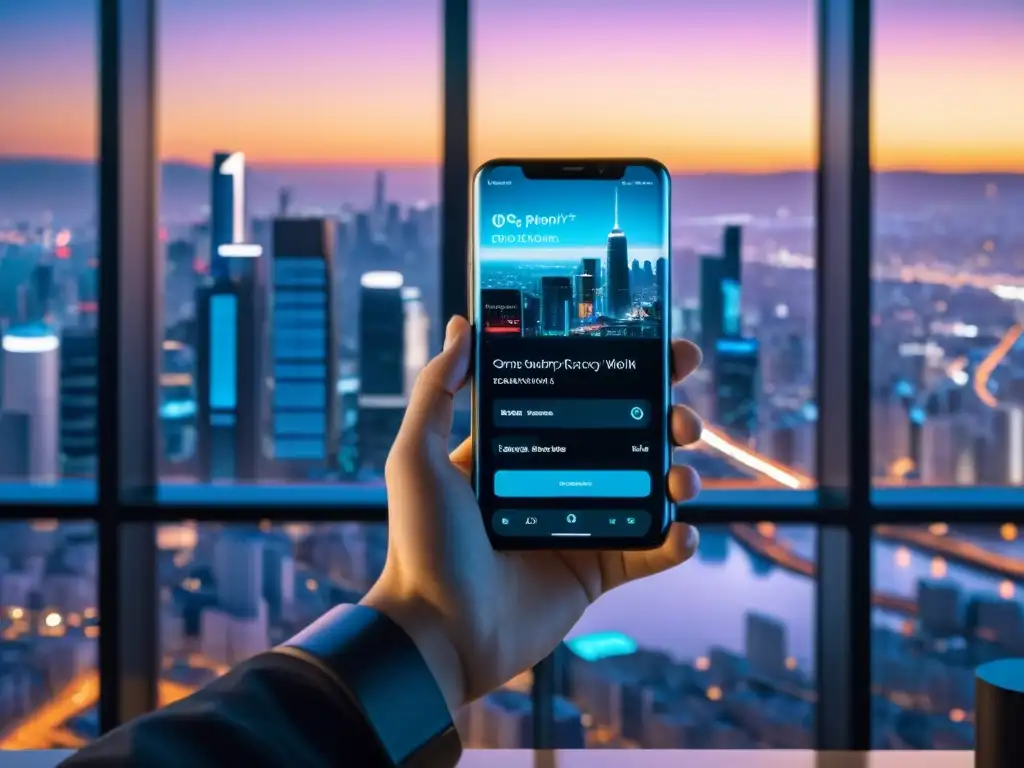 Persona usando smartphone con el sistema operativo Replicant OS, en un espacio de trabajo moderno con vista a la ciudad
