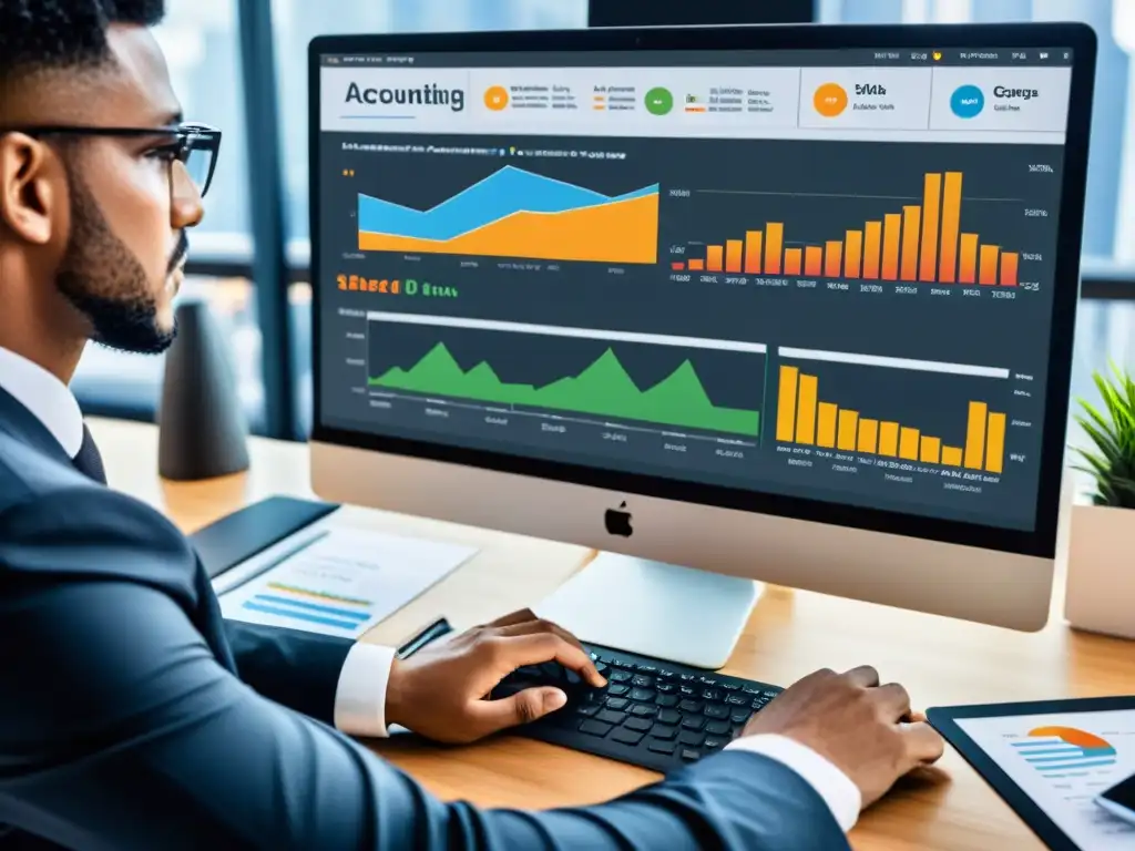 Persona usando software de contabilidad en pantalla de alta resolución