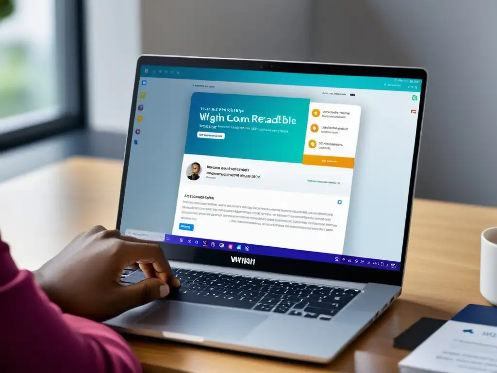 Una persona utiliza un software lector de pantalla en un portátil moderno, navegando un sitio web accesible