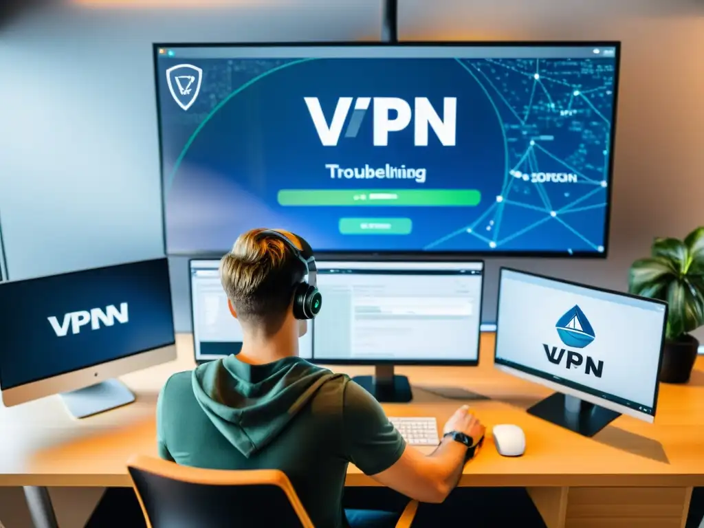 Persona configurando VPN con software open source, rodeada de logos y diagramas de red